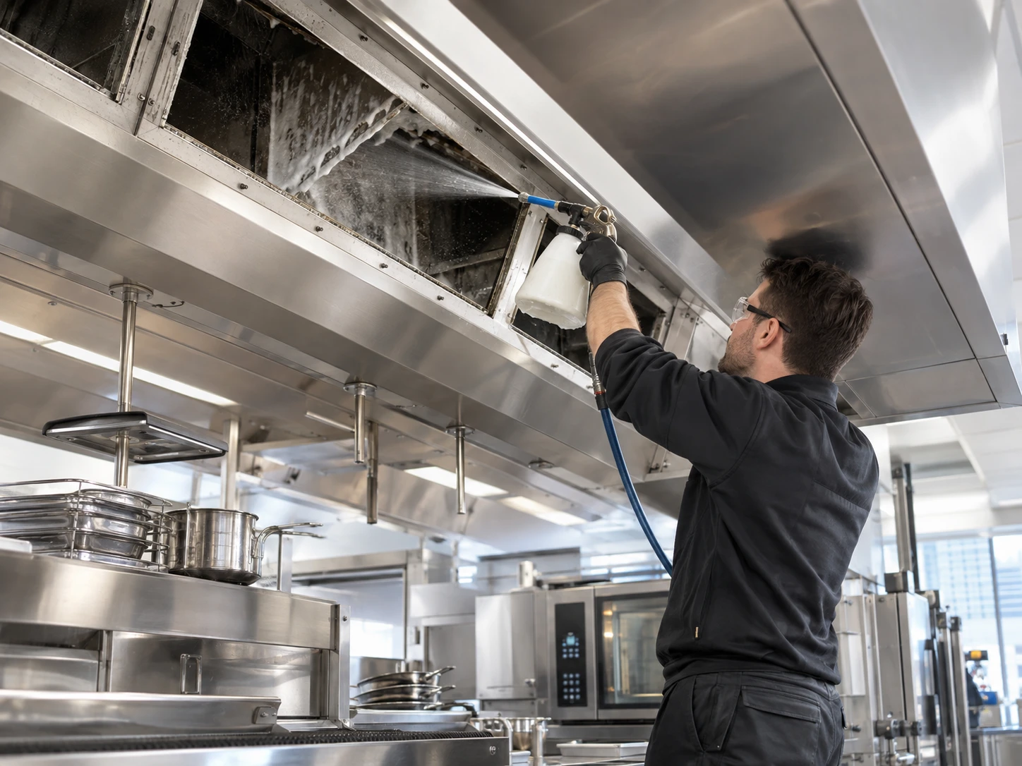 Specialist reinigt afzuiginstallatie in professionele horecakeuken
